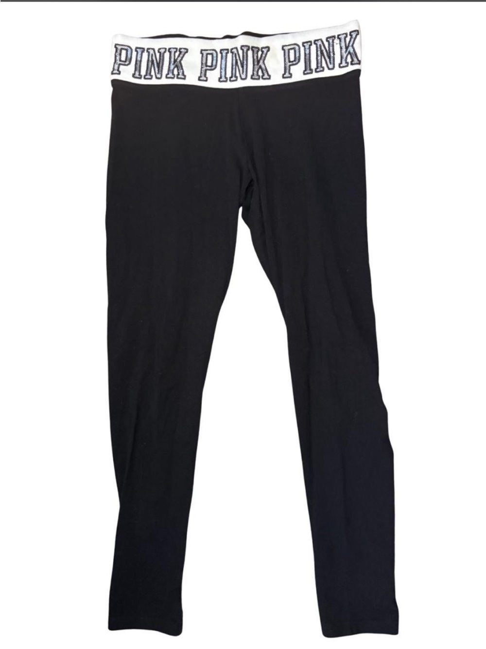 Y2K Sequin PINK Victoria's Secret Black Leggings with White Branded Waistband